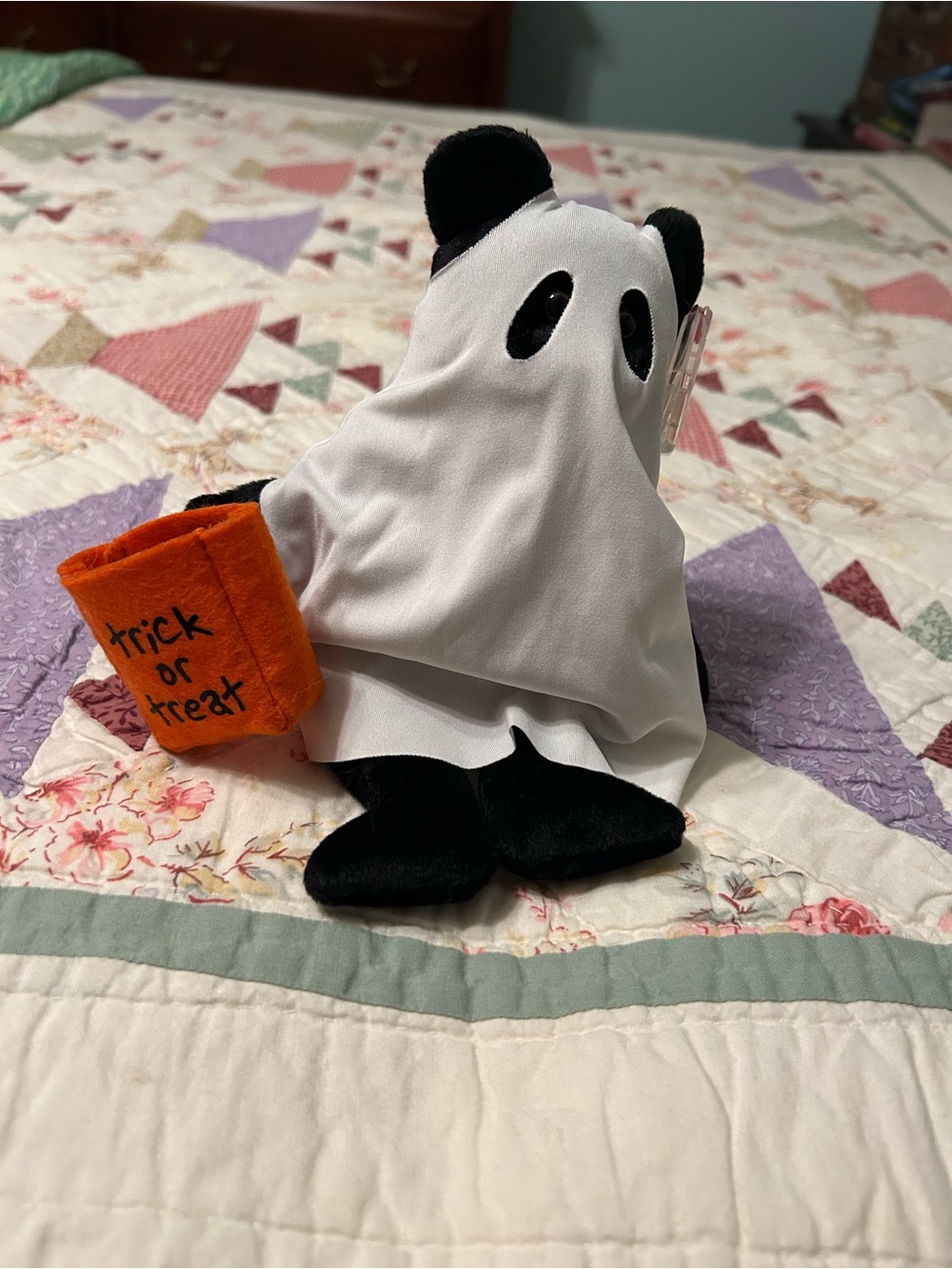 Ghost bear beanie baby with trick or treat bag